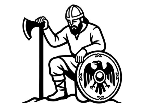 Seated Viking warrior resting with axe and decorated shield