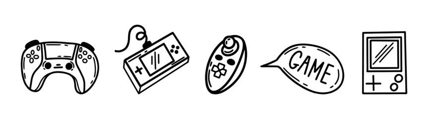Video game elements set with game controller, joystick, and handheld console. Outline vector illustration for gaming, technology, user interface and entertainment design. © Nataliia Vyshnytska