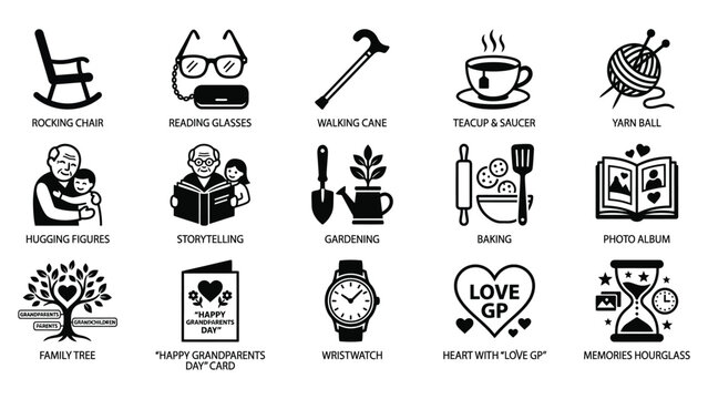 Grandparents day collection with icons representing grandparents with displays set black