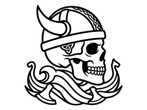 Viking skull side profile with horned helmet and crossed axes