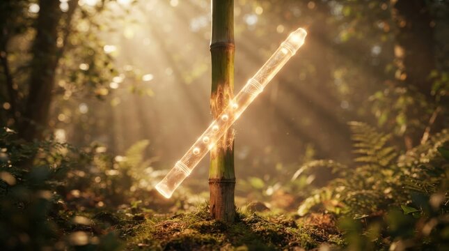 Glowing crystalline flute floating near bamboo in forest