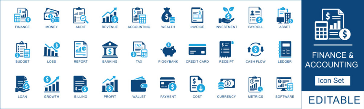 Finance and accounting icon set. Featuring invoice, audit, tax, budget, and profit. Vector icons for corporate reports, business presentations, and web design.