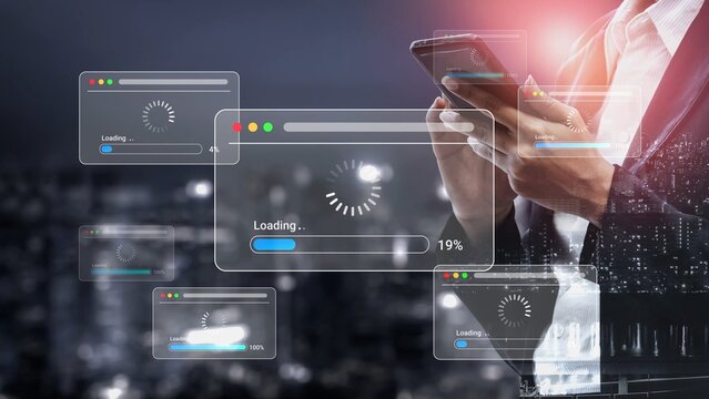 Business professional using smartphone with loading screens in foreground, digital connection and technology concept, night city background Gluon.