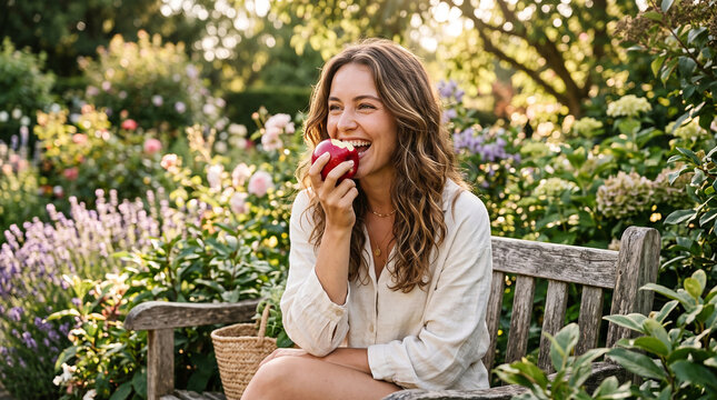 Peaceful garden moment person eating red apple lush flowers greenery nature relaxation outdoor lifestyle fresh fruit wellness tranquility mindfulness   generative ai