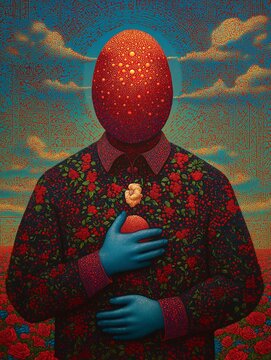 Surreal figure stands in a field of red flowers.