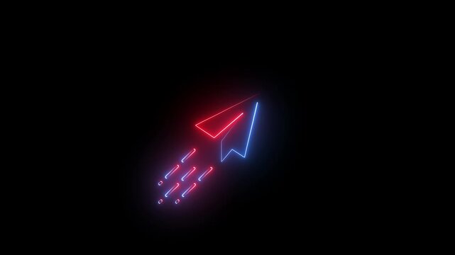 Neon glowing paper airplane animation flying upwards with motion trails alongside green screen star icon and red white dashed progress line elements for video editing and motion graphics.