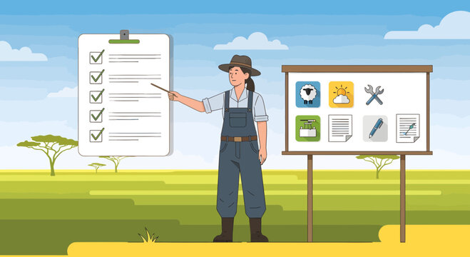 Farmer presenting checklist in agricultural field.