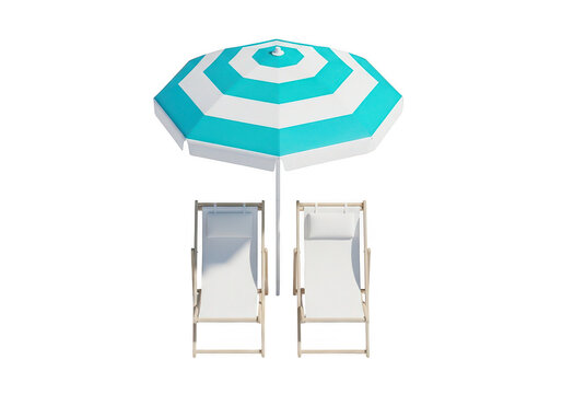 A blue and white beach umbrella with two beach chairs isolated on transparent background
