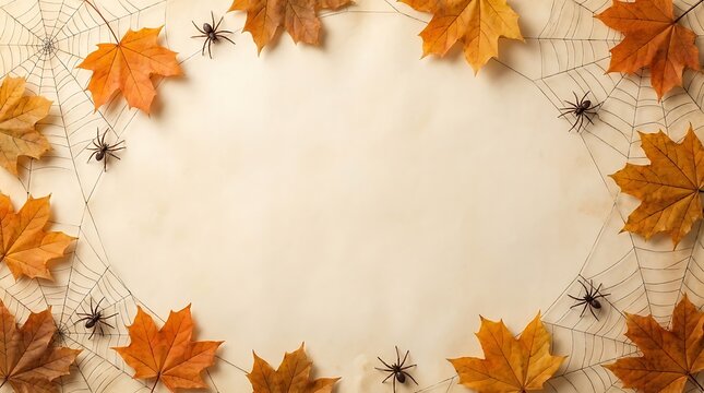 A festive halloween background featuring a circular frame of colorful autumn maple leaves and small black spiders on a white surface