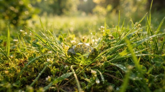 Clear glass diamond crystal resting in green meadow grass