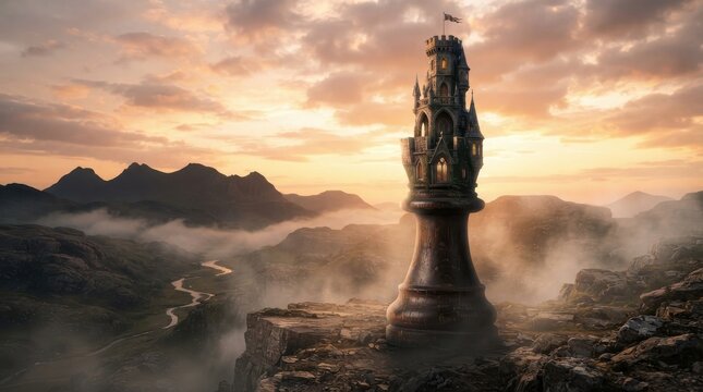 Fantasy castle tower shaped like a chess piece on a mountain cliff