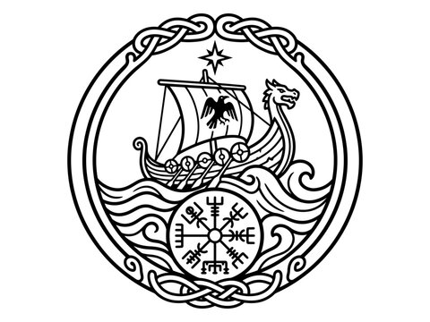 Viking Longship over Nordic Compass in Celtic Circle