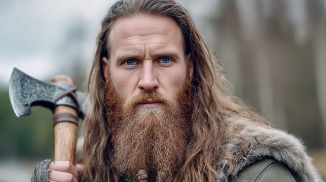 A man with long hair and a beard holds a battle axe, recreating a Viking atmosphere against a natural backdrop.
A warrior in the style of ancient Scandinavians poses outdoors with an axe