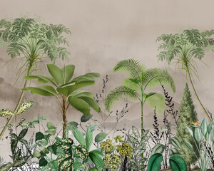 Vintage Tropical Jungle Mural Wallpaper with Palm Trees and Exotic Plants in Sepia Beige Tones © Mondal_01