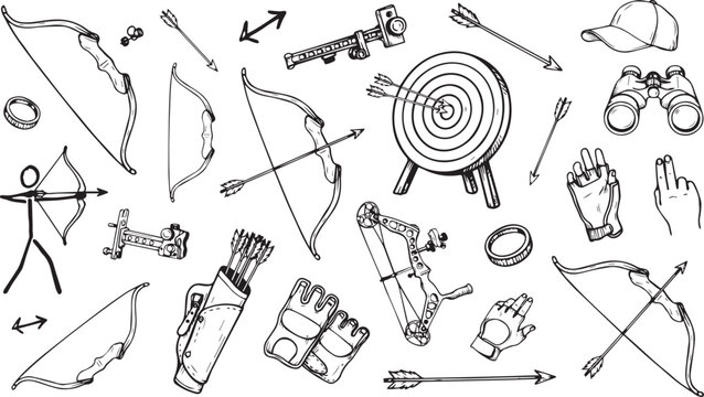 Collection of Archery Equipment and Accessories Illustrated with Various Bow Types and Gear for Target Shooting