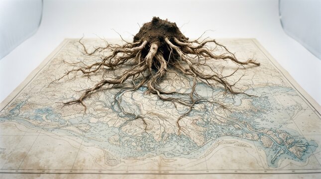 Tree roots on a vintage nautical map