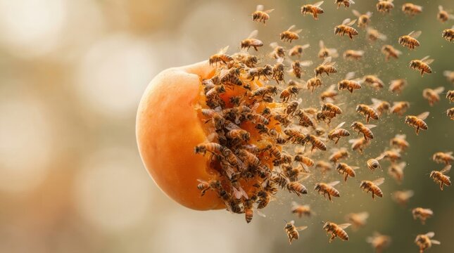 Honey bees swarming around a ripe peach