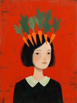 Girl wears a crown made of orange carrots.