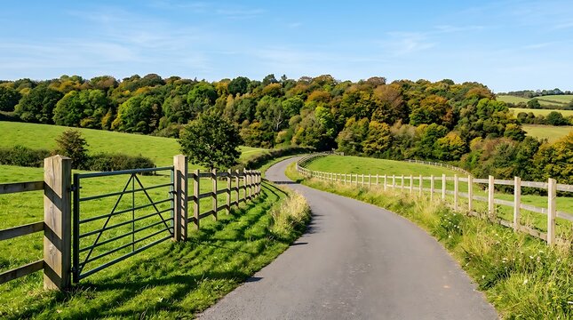 Scenic countryside road winding through lush green fields. Idyllic rural path with wooden fence and vibrant nature.