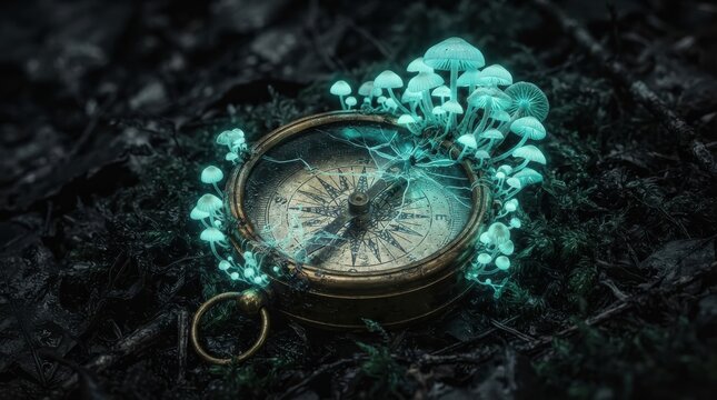 Vintage brass compass surrounded by bioluminescent mushrooms in a dark forest