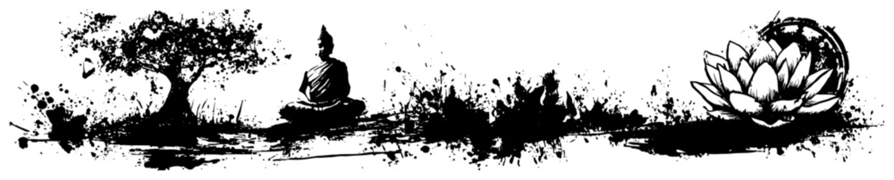 Buddha sitting in meditation under bodhi tree with lotus flower in ink splatter style