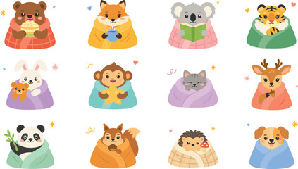 Obraz premium Cute Baby Animal Vector Clipart Set Featuring Whimsical Wild Animals Wrapped in Cozy Warm Blankets Reading and Drinking Hot Tea for Winter Nursery Designs