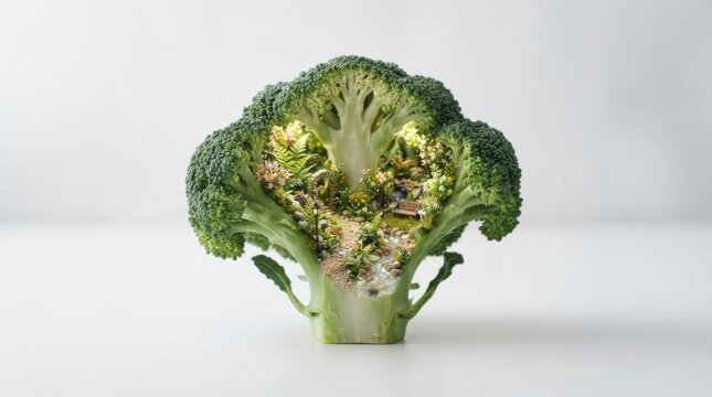 Miniature fairy garden inside a head of broccoli