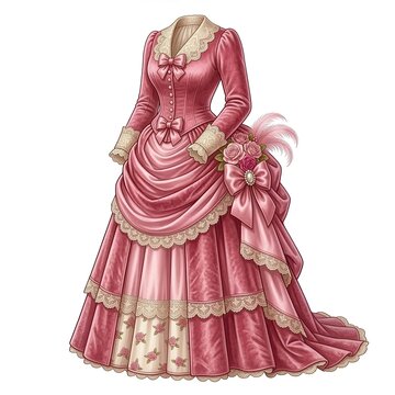 Elegant dusty pink Victorian gown with intricate cream lace, floral accents, and bustle silhouette on a white background