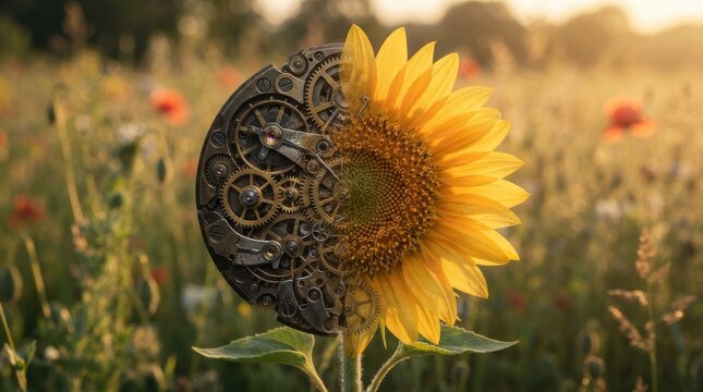 Sunflowers with mechanical clockwork gears in a field