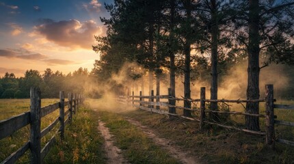 Obraz premium Dirt path along a wooden fence through a misty pine forest at sunset