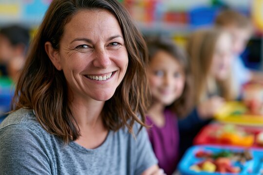 School wellness coordinator engaging with elementary students during healthy lunch