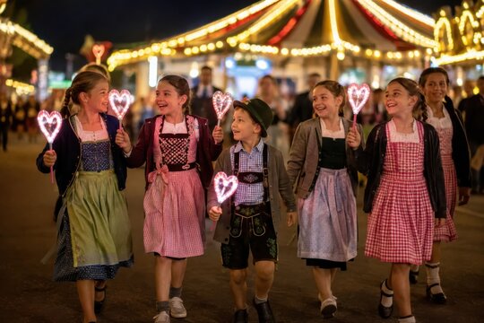 Fr&ouml;hliche Kinder in Dirndl und Lederhose spazieren bei Nacht &uuml;ber ein beleuchtetes Volksfest und tragen leuchtende Herzst&auml;be vor einem festlichen Karussell.