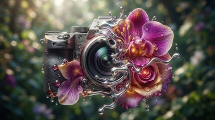 Fototapeta premium Camera lens with blooming flowers and liquid metal splash
