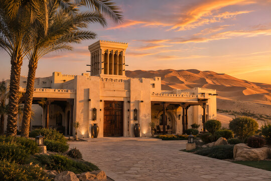 Arabian desert home villa at sunset with sand dunes, traditional Middle East design