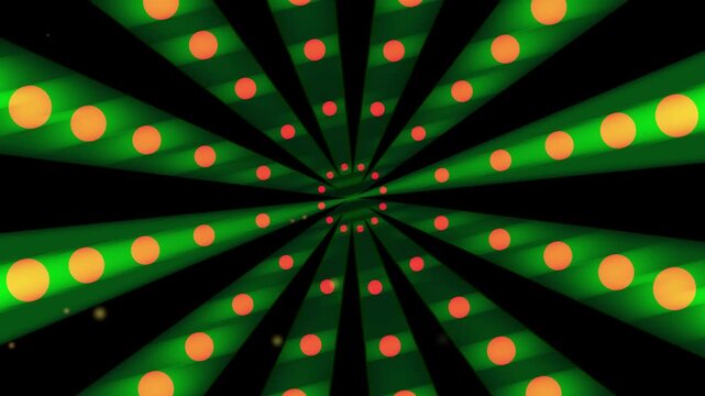 Abstract Green Radial Spiral Tunnel Background with Glowing Orange Dots, Futuristic Motion Loop Animation
