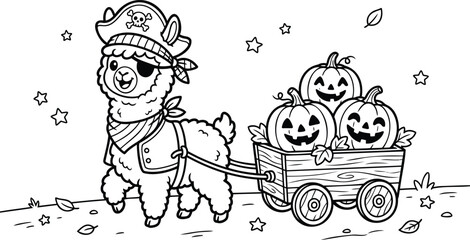 Naklejka premium Cartoon baby alpaca pirate in striped shirt pulling a small wooden treasure cart