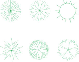 Obraz premium Technical landscape architecture drawing showing six different top-down plant symbols. Green outline illustrations representing various trees, shrubs, and bushes for site plans and garden layouts.