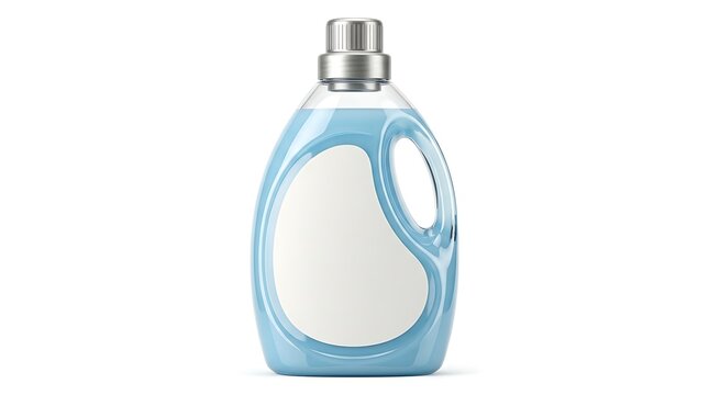 Plastic bottle of blue liquid laundry detergent with a blank label for branding isolated on white background