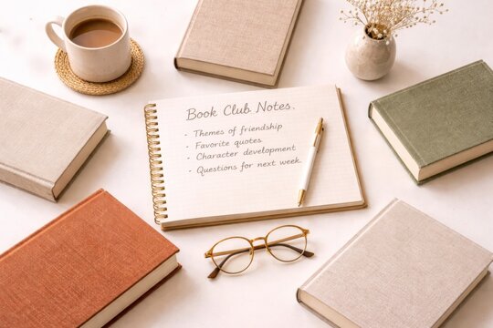 Reading club setup with notebook, books, glasses, coffee, and vase on white background