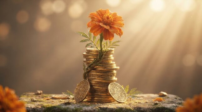 Marigold flower growing from stack of golden coins