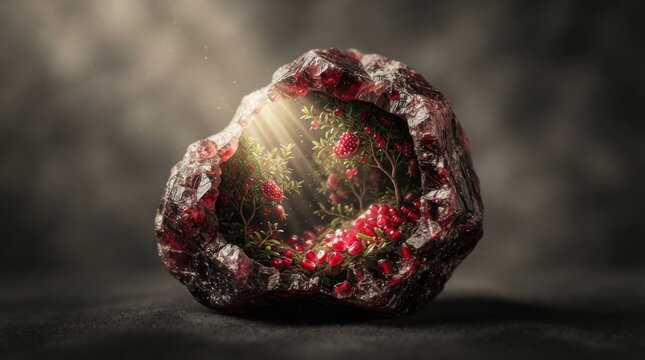 Garnet crystal geode containing a miniature garden with pomegranate trees