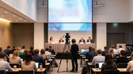 Obraz premium Business workshop being filmed in modern conference room