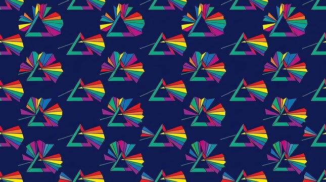 Seamless pattern with geometric prisms and rainbow spectrums