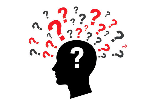 Confused human head with question marks popping out isolated on transparent background