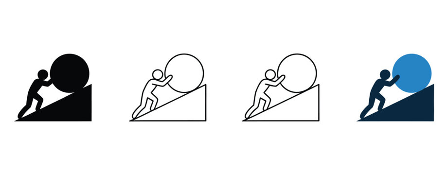 Sisyphus pushing a boulder up a mountain, conceptual design symbolizing hard work, persistence, motivation, and overcoming obstacles in modern graphic styles.