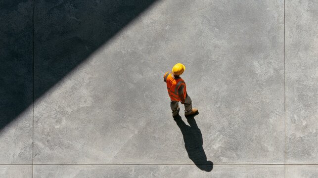 A lone worker crosses a concrete space beside a diagonal shadow. Urban geometry, minimalist lifestyle, quiet movement, personal freedom.