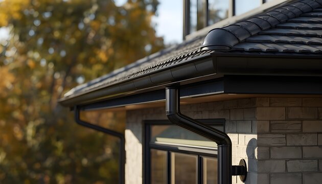 Modern black roof tiles and rain gutter system on a brick house exterior. Ideal for real estate and architecture design.