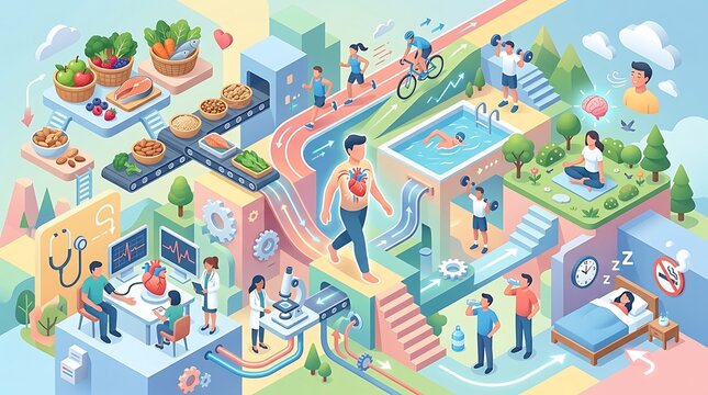 Isometric healthy lifestyle ecosystem with nutrition and fitness