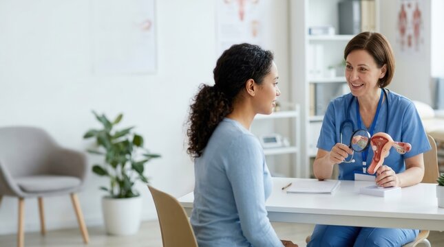 Female doctor explaining reproductive health to patient during clinic appointment