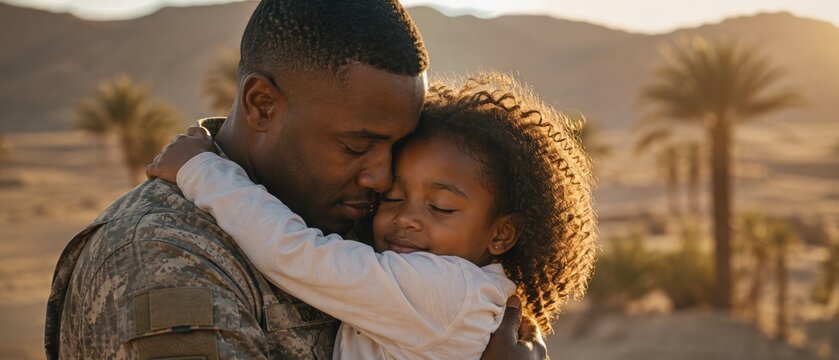 African American soldier in camouflage uniform sharing a tender emotional embrace with his young daughter outdoors during golden hour